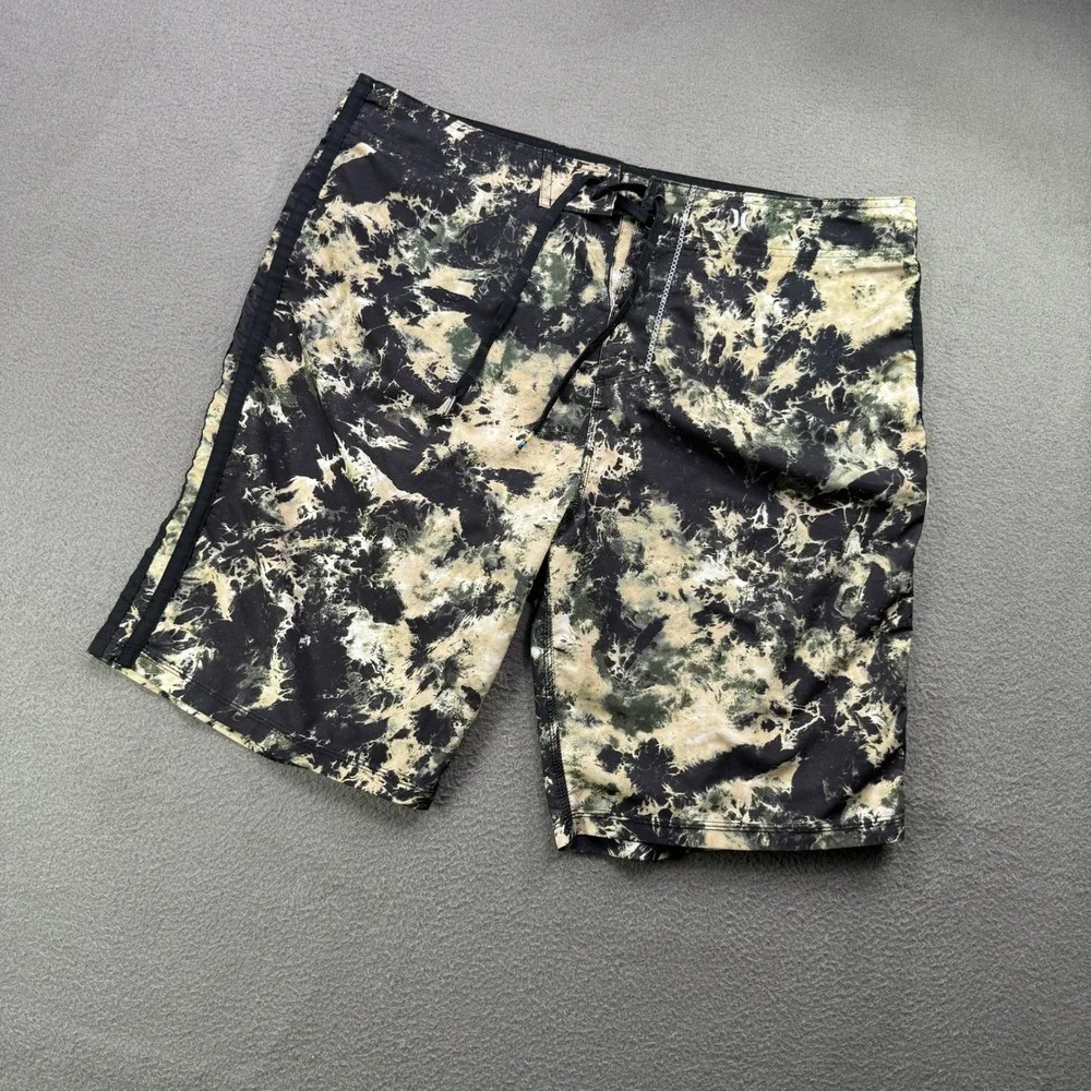 Hurley Board Shorts L Men 36 Black Tan Tie Dye Acid Wash Swim Trunks Surf Pocket